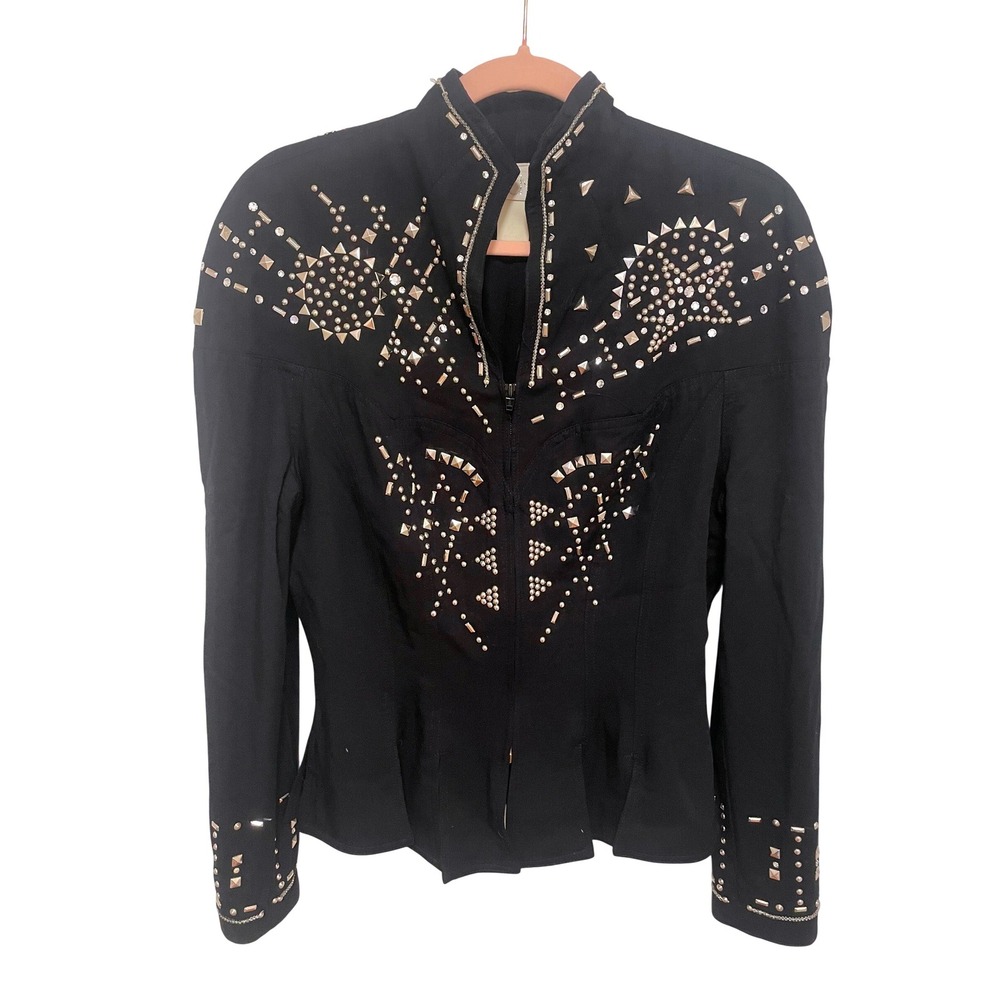 Vintage 90s Caché Jacket Studded Rhinestone Western Black Made in USA Size 10